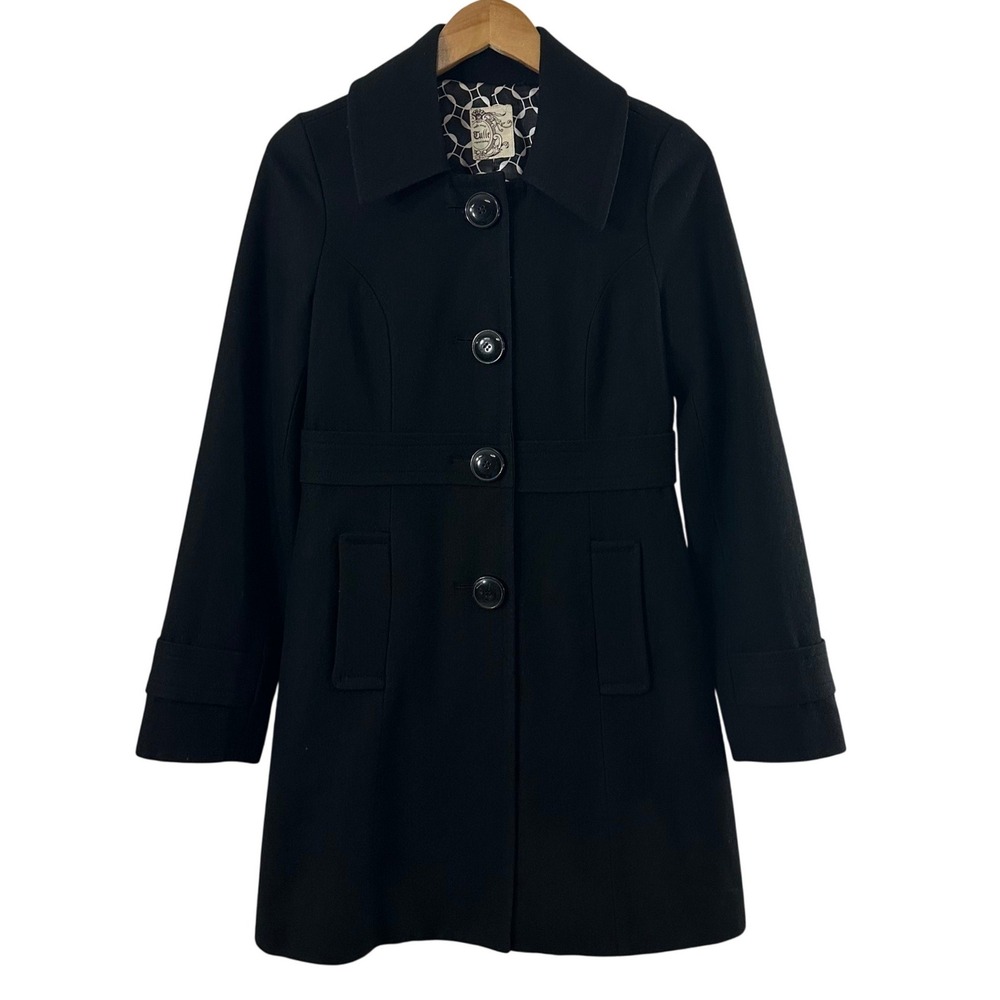 Tulle Black Wool Blend Pea Coat Button Front Mid Length Jacket Women Size M